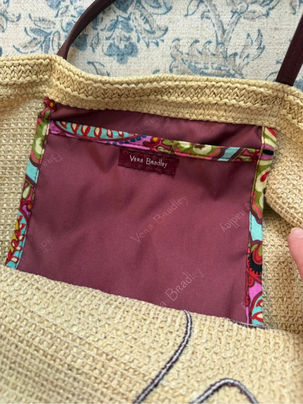 Vera Bradley Cream Straw Tote with Pink Paisley Fish Appliqués